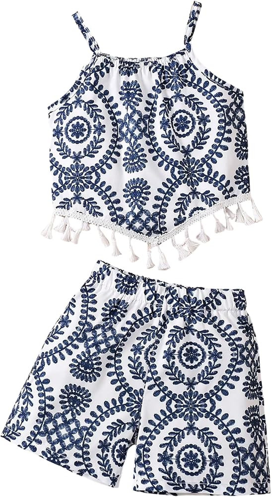 MakeMeChic Toddler Baby Girl's 2 Piece Boho Outfits Tropical Print Tassel Sleeveless Top and Shor... | Amazon (US)