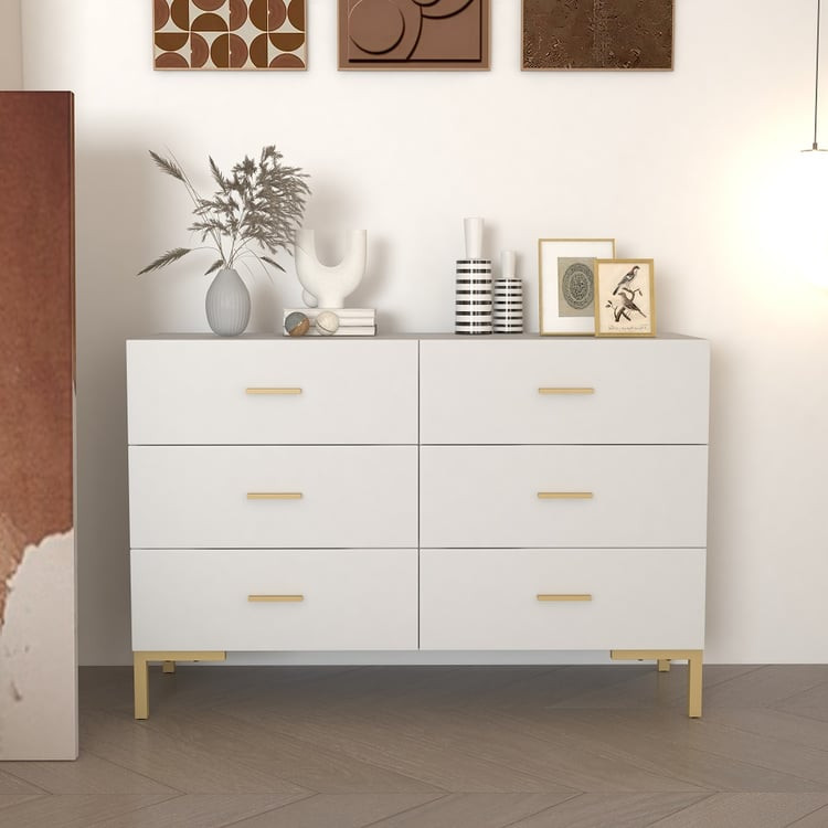 47" Modern White Bedroom Dresser 6-Drawer Accent Cabinet in Gold | Homary