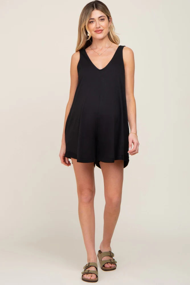 Black Rounded V-Neck Sleeveless Maternity Romper | PinkBlush Maternity