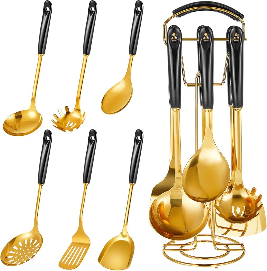 7 Pcs Cooking Utensils Set, Black Gold Stainless Steel Rack | Amazon (US)
