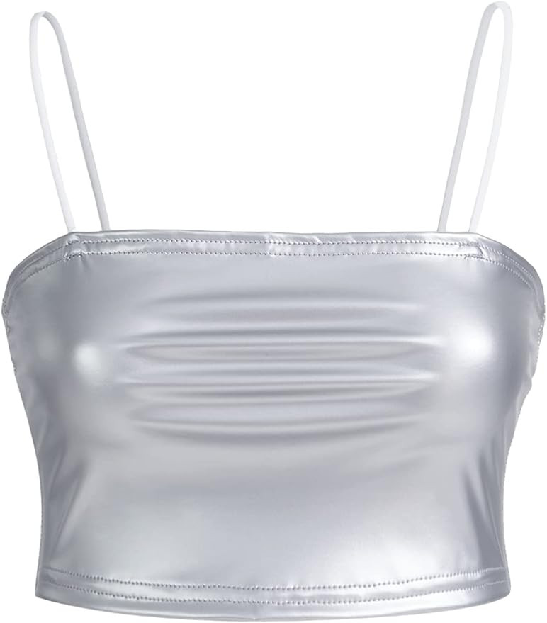 Floerns Women's Spaghetti Strap Shiny Cami Metallic Crop Top Party Clubwear | Amazon (US)