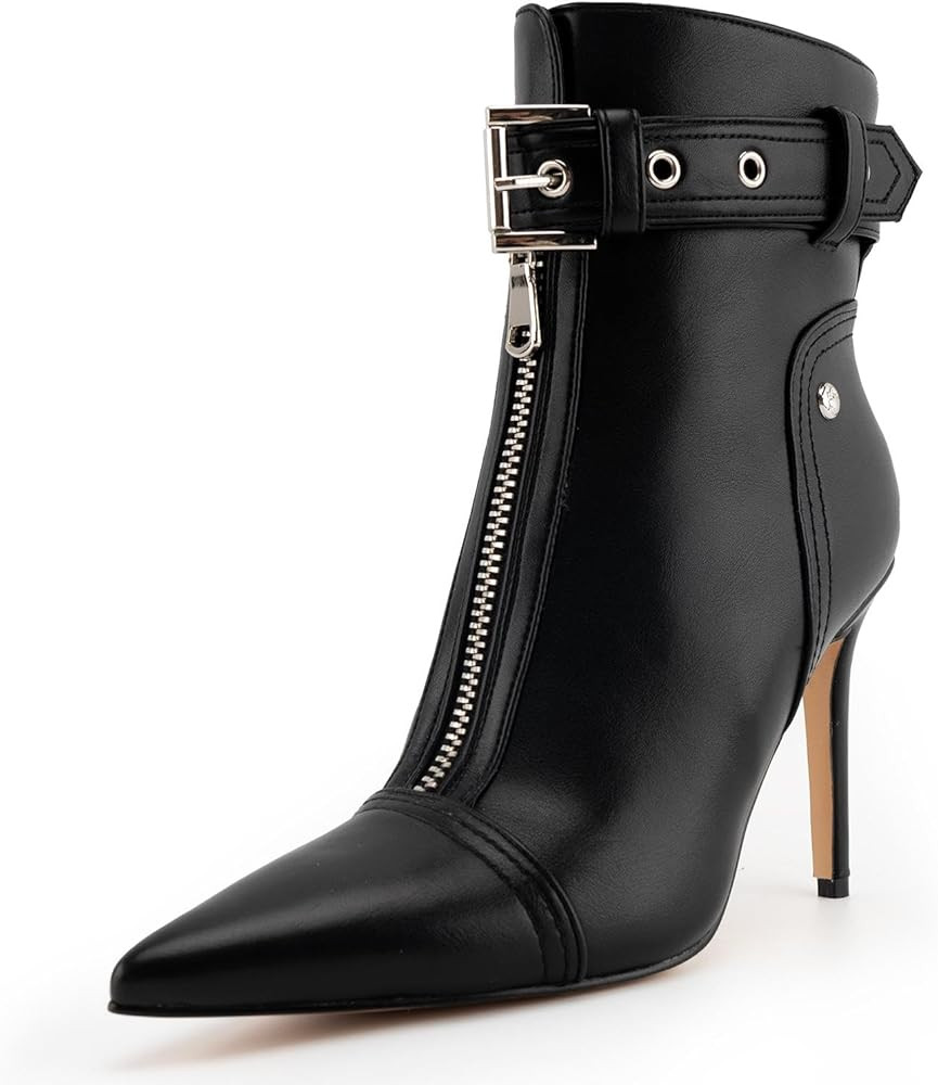 VARECOLA Women Pointed Toe Black Boots Front Zipper Ankle Boots Stiletto Heel Buckle Strap Short ... | Amazon (US)