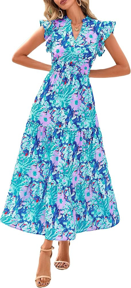 PRETTYGARDEN Women's 2026 Summer Floral Midi Dress Cap Sleeve V Neck Ruffle Long Flowy Boho Casua... | Amazon (US)