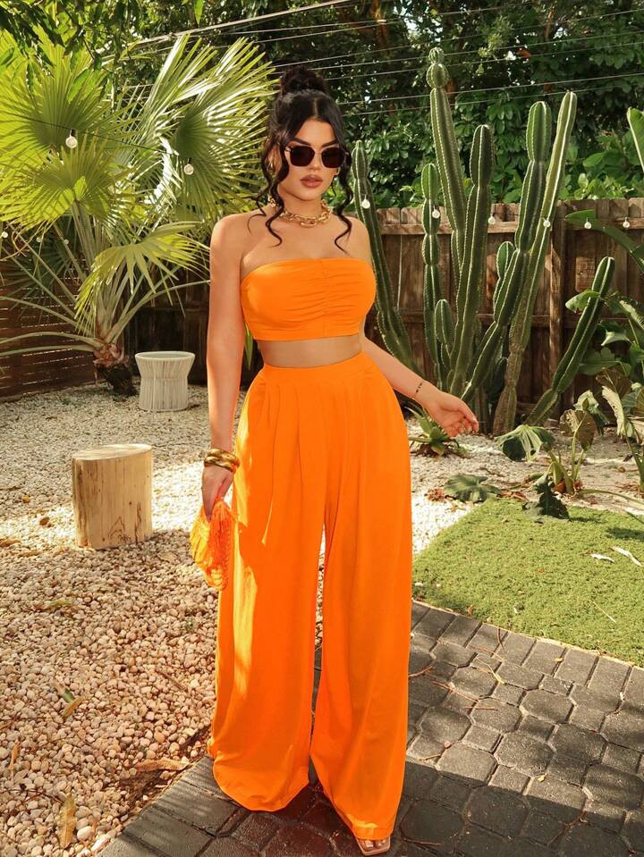 SHEIN SXY Women Fashionable Ruched Strapless Wide Leg Pants Set Summer Vacation Holiday Beach BOH... | SHEIN