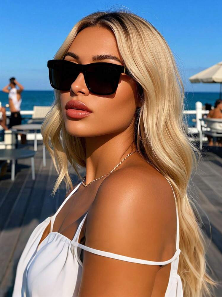 Vintage Plastic Square Large Frame Sunglasses, Classic Accessory For Outdoor Travel Beach Holiday Casual Wear, Summer UV Protection Driving Glasses Fashionable Shade Elegant Outfit Family Outings Travel Vacation Holiday | SHEIN