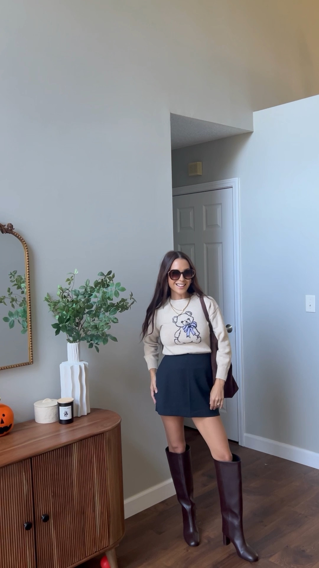 Fall Outfit Inspo and my sweet boy wanted to be in the video 🖤 

Fall style, fall outfits, black mini skirt 

#LTKFindsUnder50 #LTKStyleTip #LTKPetite