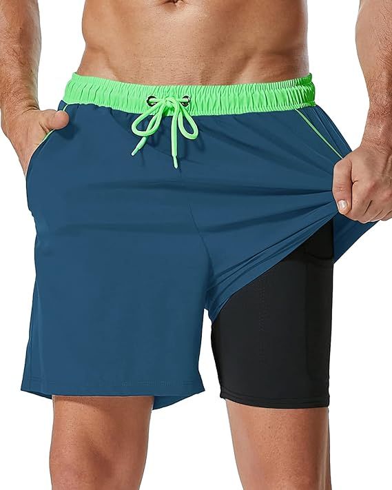 SILKWORLD Quick Dry Mens Swimming Trunks with Compression Liner Bathing Suit Swim Shorts with Zip... | Amazon (US)