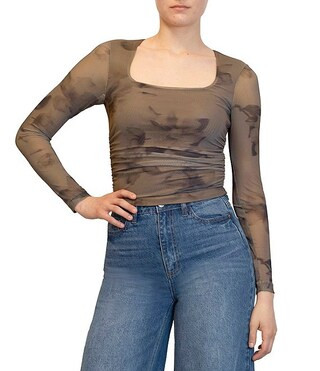 Stevie By Steve Madden Printed Mesh Square Neck Long Sleeve Side Ruched Top | Dillard's | Dillard's