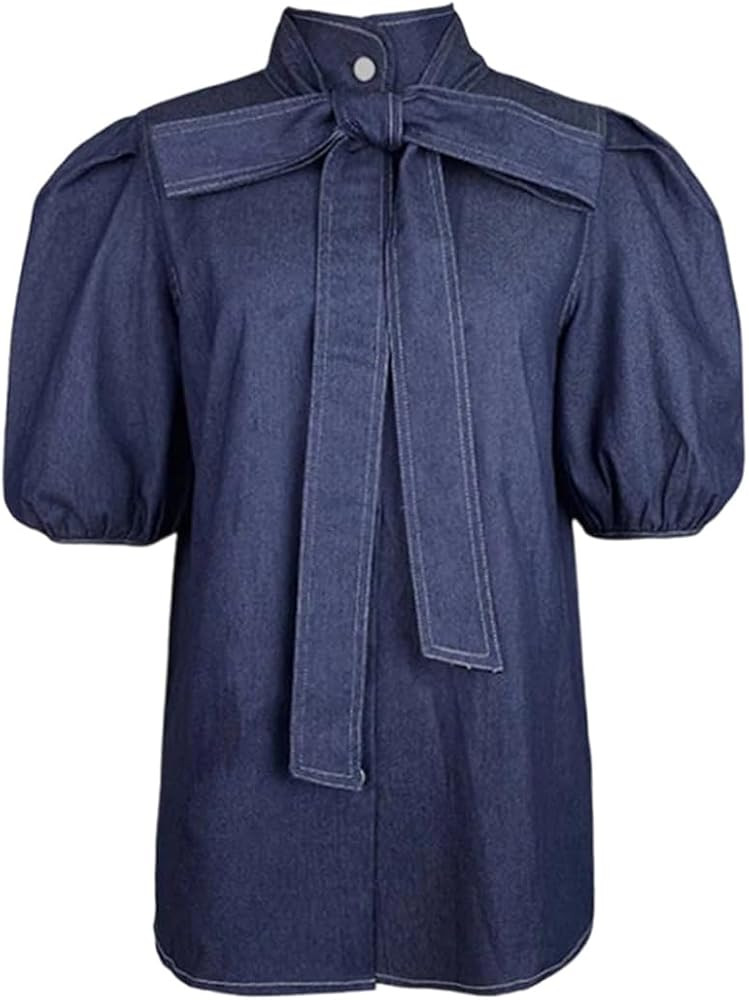 Women Imitation Denim Blouse Tops Short Puff Sleeve Bowknot Embellished Mock Neck Office Shirts | Amazon (US)