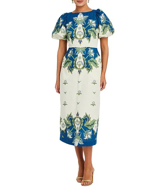 Mestiza New York Faye Floral Print Boat Neck Short Puff Sleeve Midi A-Line Dress | Dillard's | Dillard's