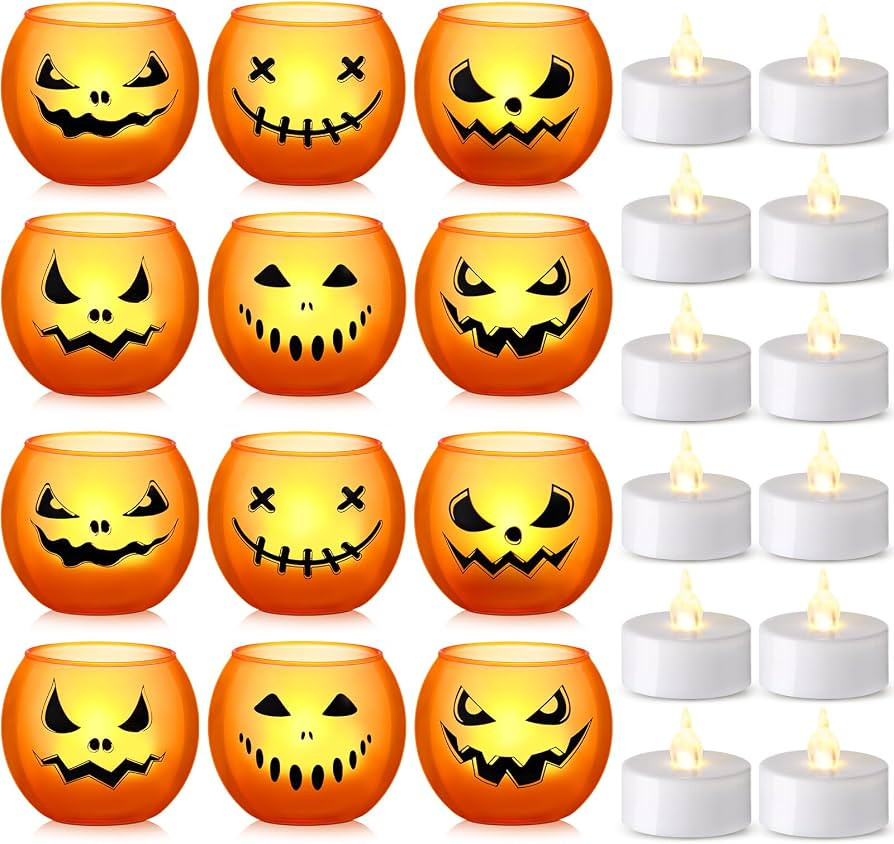 Retisee 24 Pcs Halloween Candles Holder Set, 12 Pcs Orange Pumpkin Grimace Glass Votive Holders w... | Amazon (US)