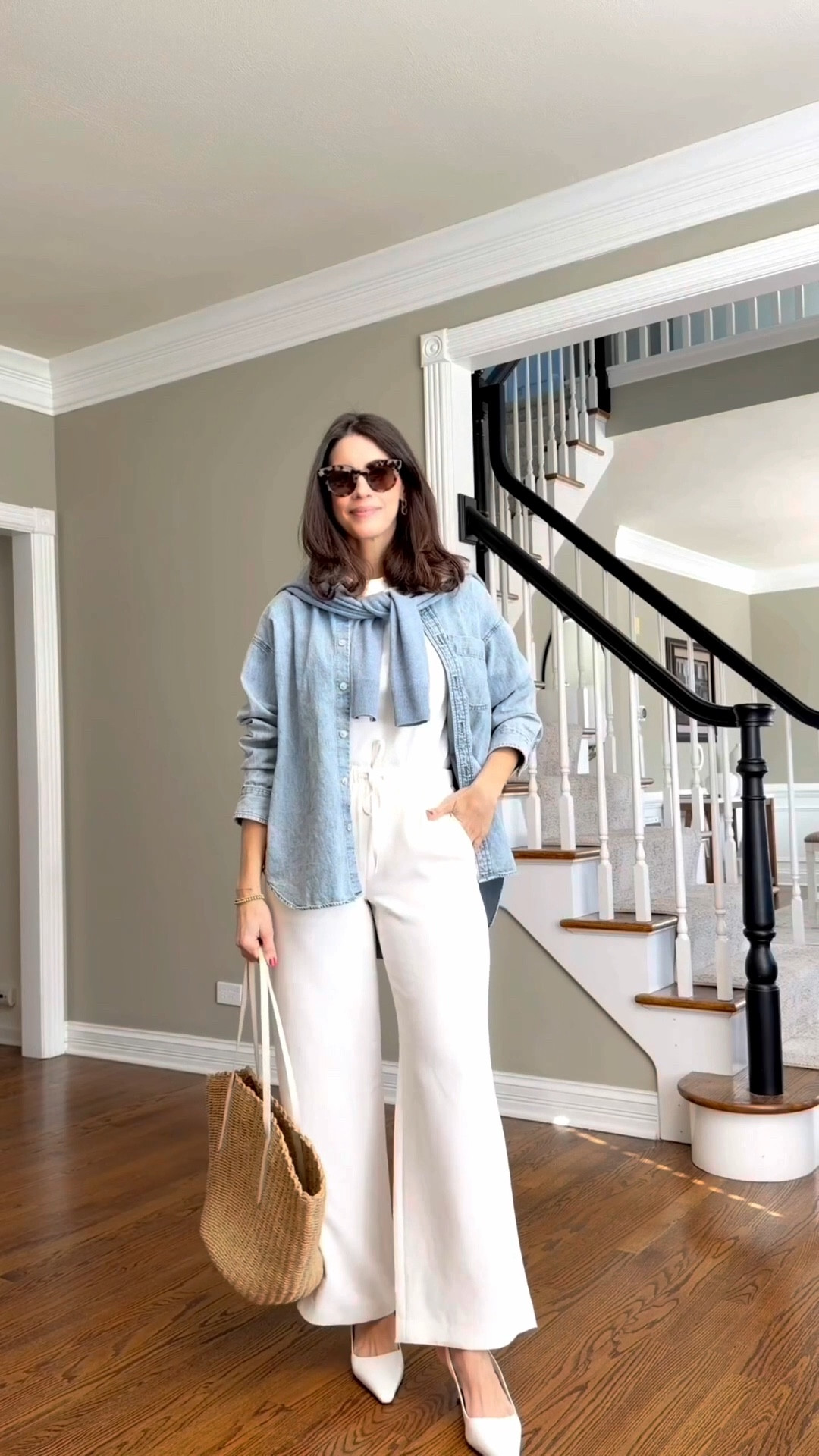 White crepe pull-on pants, a classic white tee, denim shirt, and a cashmere sweater layered over the shoulders 🤍 Finished with white pumps — but this look works just as well with flats or loafers.
Love this easy, elevated spring outfit.
Sizing
Pants size Small regular 
Denim shirt size Small
Sweater size Small
Tee size Medium (linked similar options!)

#LTKSeasonal #LTKmomlife #LTKgrwm