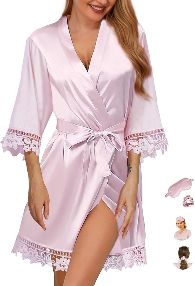 3Pcs Womens Satin Robes for Bride Bridesmaid Silk Bathrobes Silky Kimono Robe for Wedding Party L... | Amazon (US)