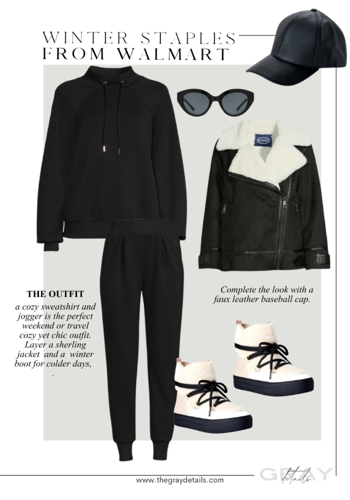 a cozy sweatshirt and jogger is the perfect weekend or travel cozy yet chic outfit. Layer a sherling jacket  and a  winter boot for colder days.   Complete the look with a faux leather baseball cap

#LTKtravel #LTKunder50 #LTKunder100