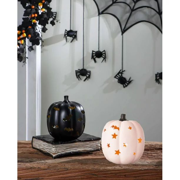 Way to Celebrate 2-Count Halloween LED-Light Black & Pink Resin Pumpkin - Walmart.com | Walmart (US)