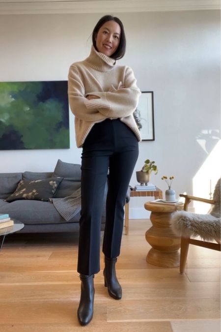 Simple winter weekend look! Beige cashmere turtleneck sweater, black crop flare trousers, and black leather boots. 

#classicstyle
#brunchoutfit
#winteroutfits

#LTKstyletip #LTKSeasonal #LTKFind