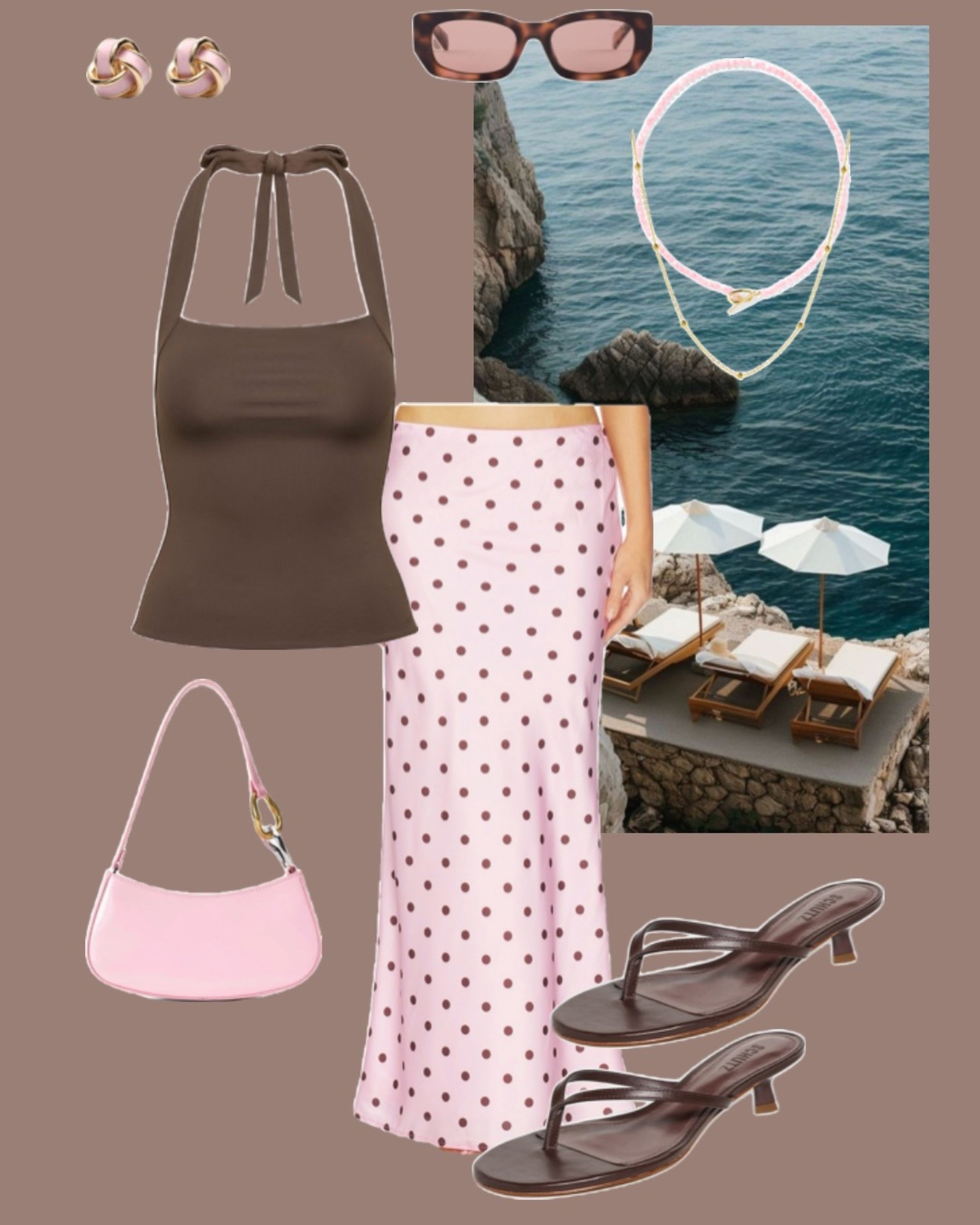 Chocolate brown halter top + pink polka dot maxi skirt for the perfect coastal vacation dinner look 🤎

polka dot maxi skirt, chocolate brown top, pink outfit, vacation dinner outfit, coastal chic outfit, European summer outfit, resort wear, Italy vacation outfit, feminine vacation look, beach club dinner outfit, summer date night outfit, kitten heel sandals, pink shoulder bag, vacation style inspo

#LTKSeasonal #LTKTravel