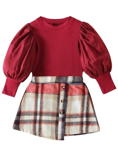 DONWEN Toddler Girl Clothes 12-18 Months 18-24 Months Stylish Clothes Kids Girls Puff Sleeve Red Tops Plaid Skirt 2pcs Toddler Clothes for Girls | Amazon (US)