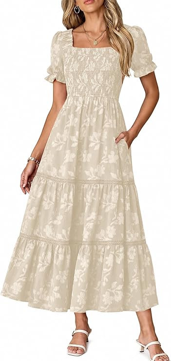 Lazysmile Women's Summer Boho Floral Maxi Dress Short Sleeve Square Neck Smocked Ruffle Elegant W... | Amazon (US)