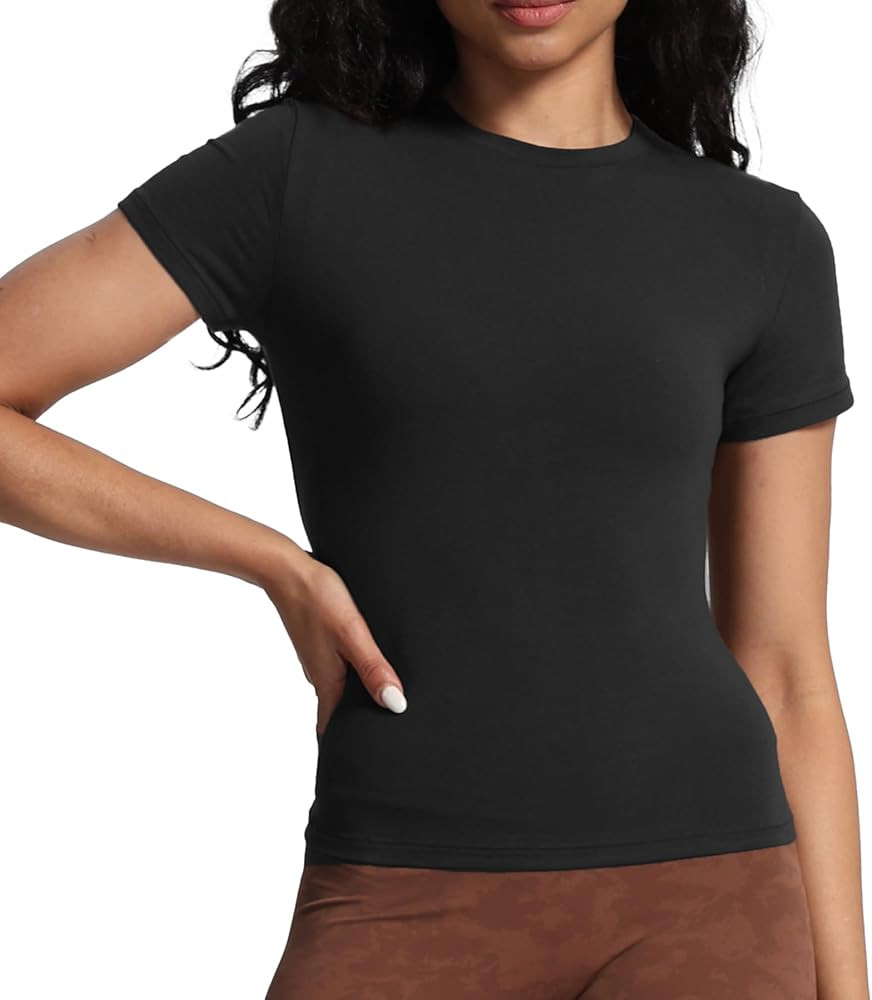 Aoxjox Women's Short Sleeve Tops Crew Neck Slim Fit Wokout Basic High Elastic Cotton T-Shirt Tee ... | Amazon (US)