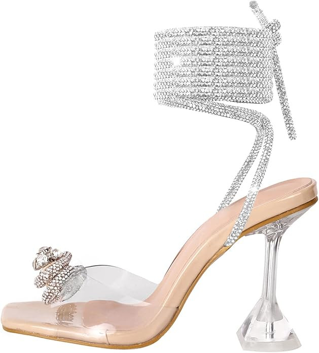 Yolkomo Women's Square Toe Clear Heels Sexy Rhinestone Bow Heels Open Toe Ankle Strap Stiletto Hi... | Amazon (US)