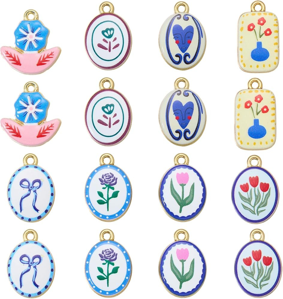 Printed Flower Charms for Jewelry Making Hand Painted Gold Charms Blue Bow Heart Floral Pendants | Amazon (US)