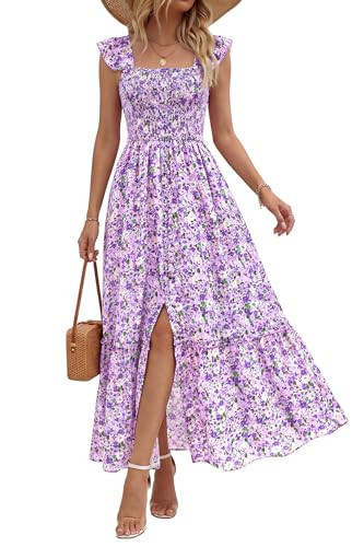 dowerme Womens Summer Maxi Dresses 2026 Casual Ruffle Sleeve Button Smocked Floral Slit Boho Dress Spring Beach Sundress(Floral Purple,Small) | Amazon (US)
