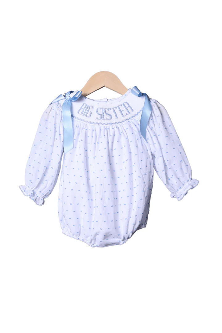 Smocked BLUE Swiss Dot Big Sister LONG Sleeve Bubble | The Smocked Flamingo