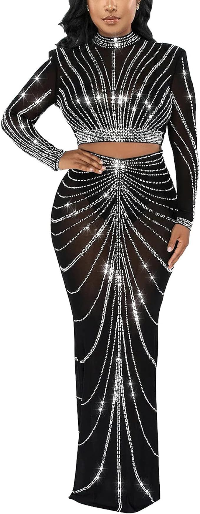 KRICESSEEN Sexy Rhinestone Crystal Mesh Patchwork Sheer Bodycon Dress Womens See-Through Birthday... | Amazon (US)
