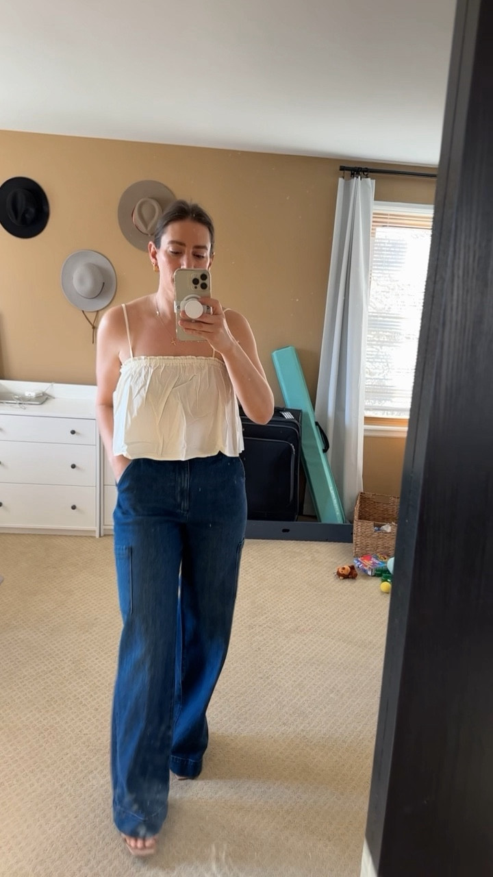 New denim never felt so good! When I saw these wide leg, dark denim, cargo jeans I knew I had to try them on. Right away, I fell in love. 
.
Paired with a flowy tank and some nude heels, and I am ready for brunch or afternoon cocktails this spring! 

#LTKSpringSale #LTKstyletip