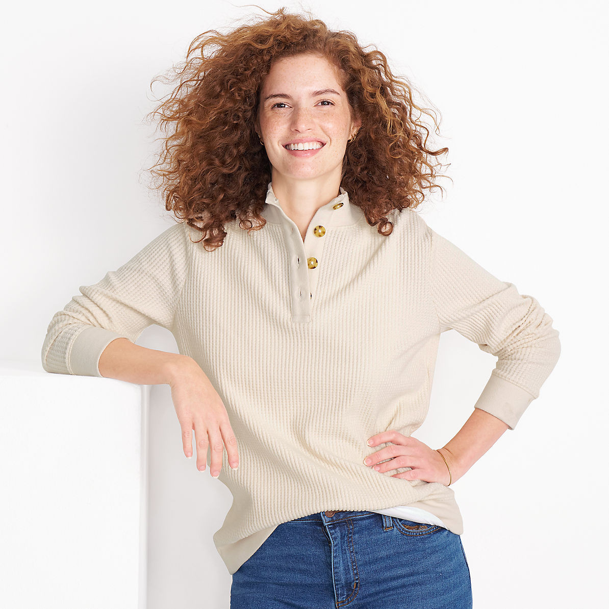 Women's Long Sleeve Waffle Knit Button Placket Top | Lands' End (US)