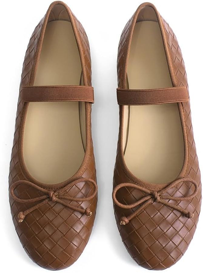 Womens Woven Ballet Flats with Bow Round Toe Slip on Mary Jane Flats Ladies Fashion Elastic Strap... | Amazon (US)