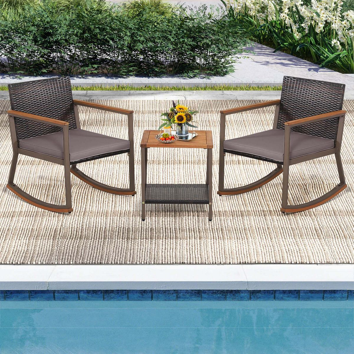 Costway 3 PCS Patio Rattan Rocking Chair Bistro Set Armrest Cushion Table with Storage Shelf Navy... | Target