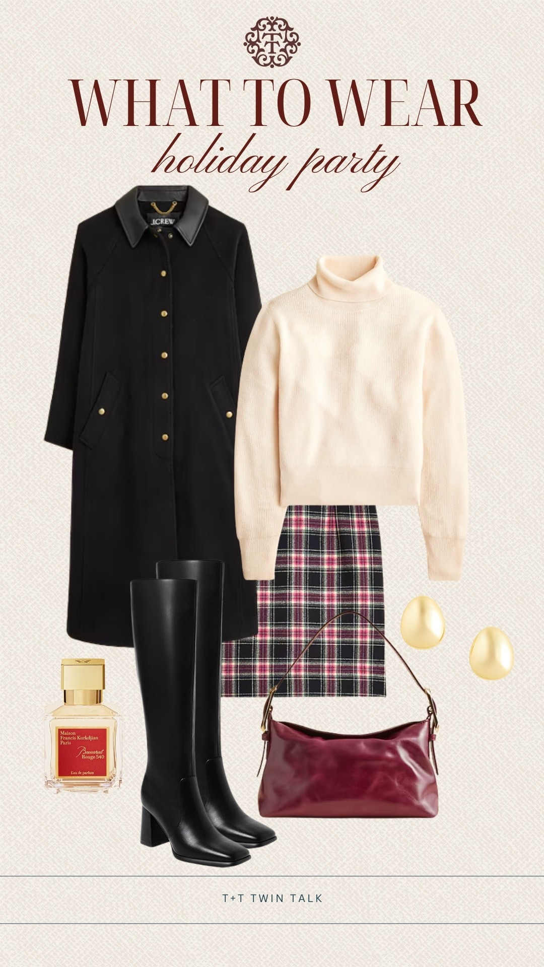 T+T, what to wear for a holiday party. We are loving this plaid skirt paired with a long sleeve J.Crew top and a black coat layered over top of it. We accessorized the look with gold earrings, a red purse, and tall black boots. 

#LTKStyleTip #LTKOver40 #LTKHoliday