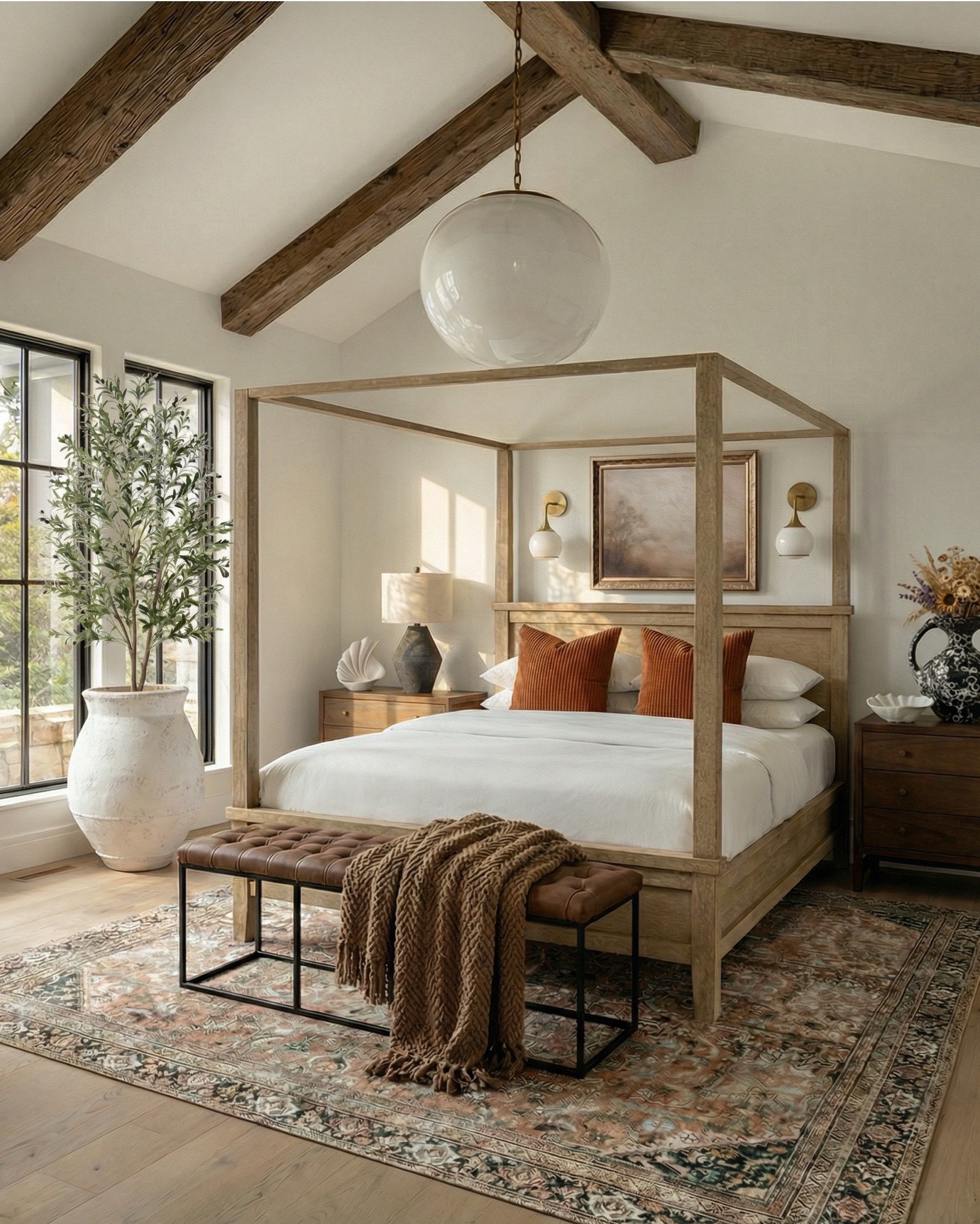 Shop the look:
* Wood canopy bed 
* Brown leather upholstered bench
* Brown knitted blanket
* Brown throw pillows
* Brown wood 3 drawer nightstands
* Wall art
* Glove wall lights
* White tree planter
* Black vase
* Black table lamp
* White decor bowl
* Decor books
* Wood dresser
* Brown traditional rug 
* Wood decor beads
* Wood upholstered swivel chair
* Wood end table
* Green runner rug 
* Faux olive tree

#LTKsale #LTKhome #LTKstyletip