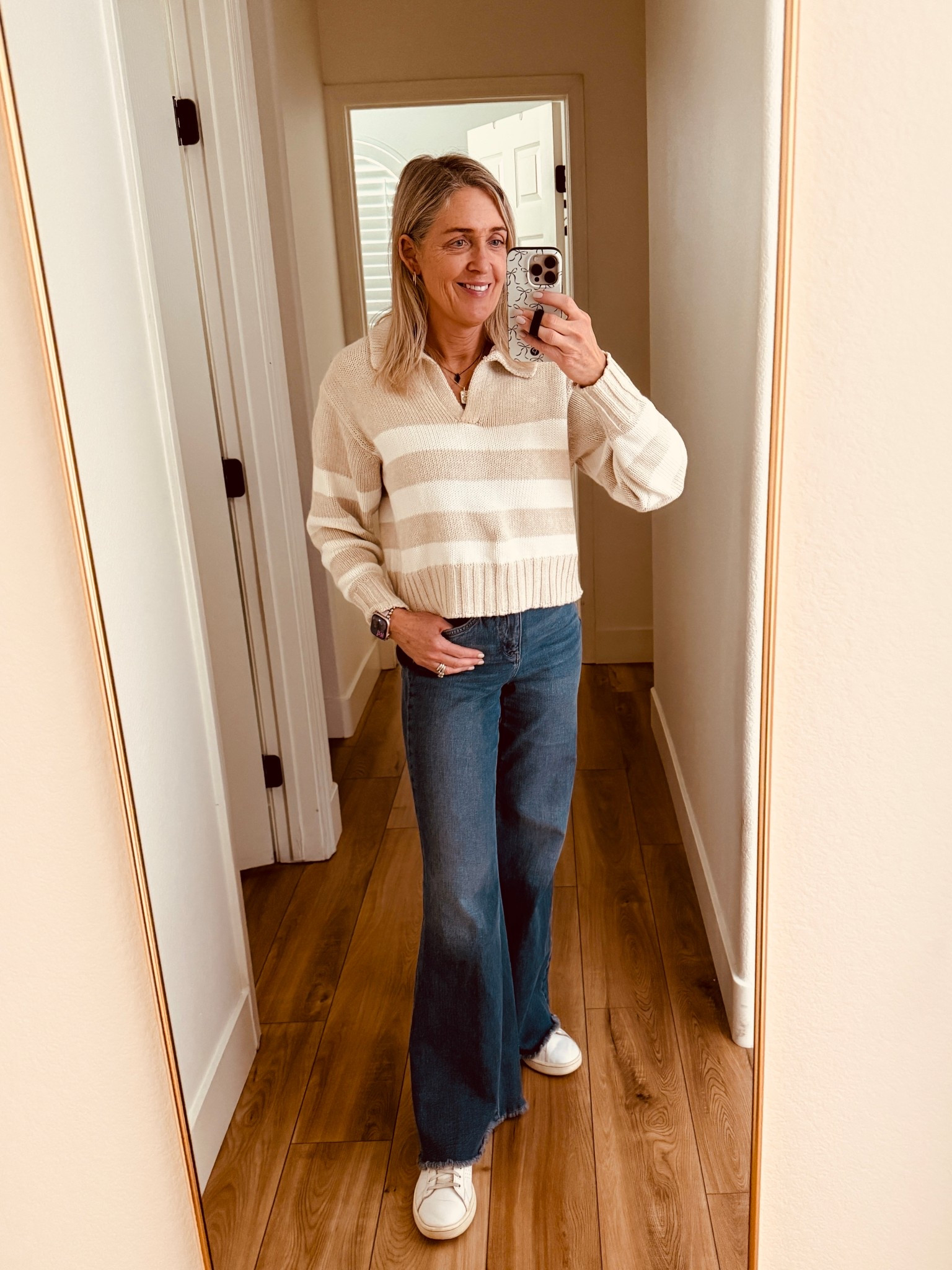 Winter outfit for women. Quince striped polo sweater size small, NYDJ palazzo jeans size 00. 

Casual outfit, affordable outfit, over 50 style, Quince outfit, mom looks, outfits with jeans

#LTKgrwm #LTKootd #LTKOver40