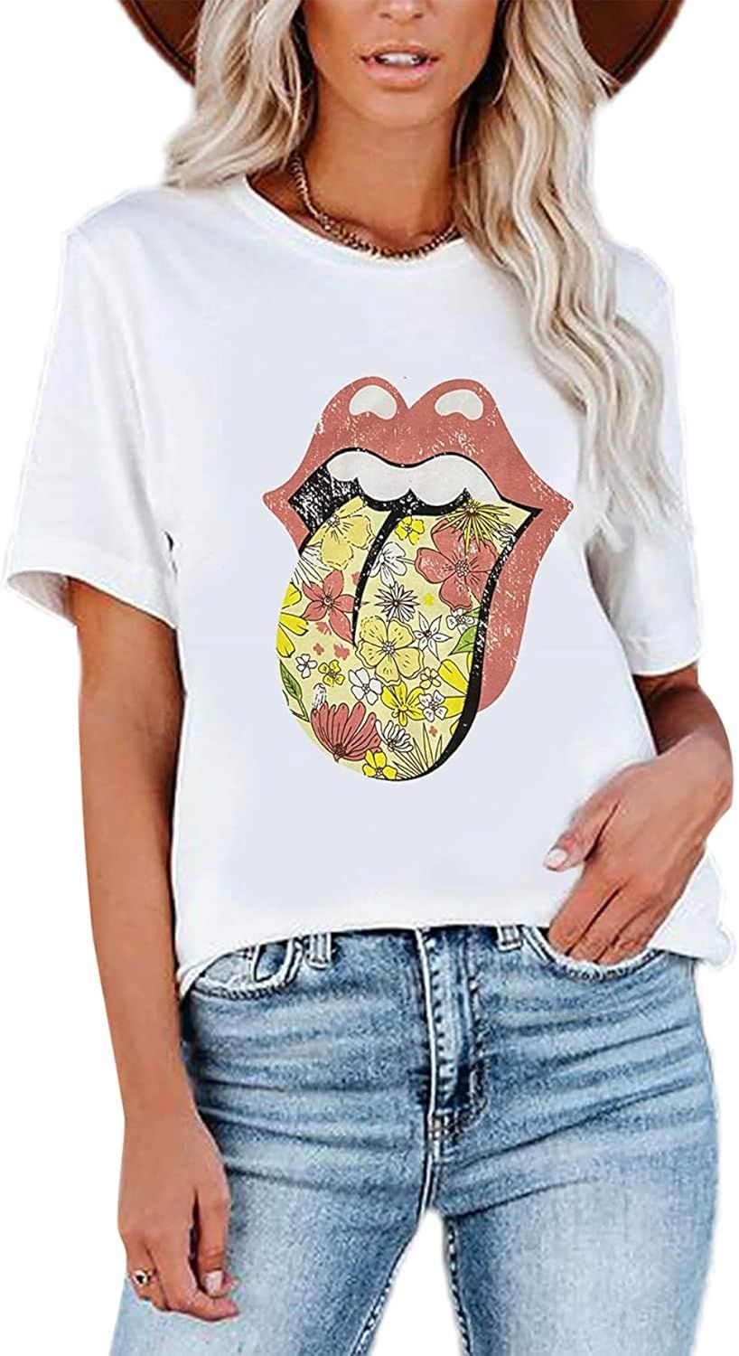 SOFIA'S CHOICE Women's Lip Print Tshirt Round Neck Short Sleeve Funny Graphic Tee Shirt Tops | Amazon (US)