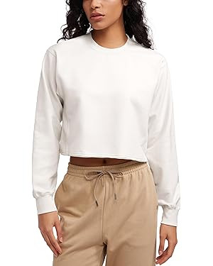 CRZ YOGA Womens Fleece Cropped Sweatshirts Crewneck Long Sleeve Double Raw Hem Workout Casual Pul... | Amazon (US)