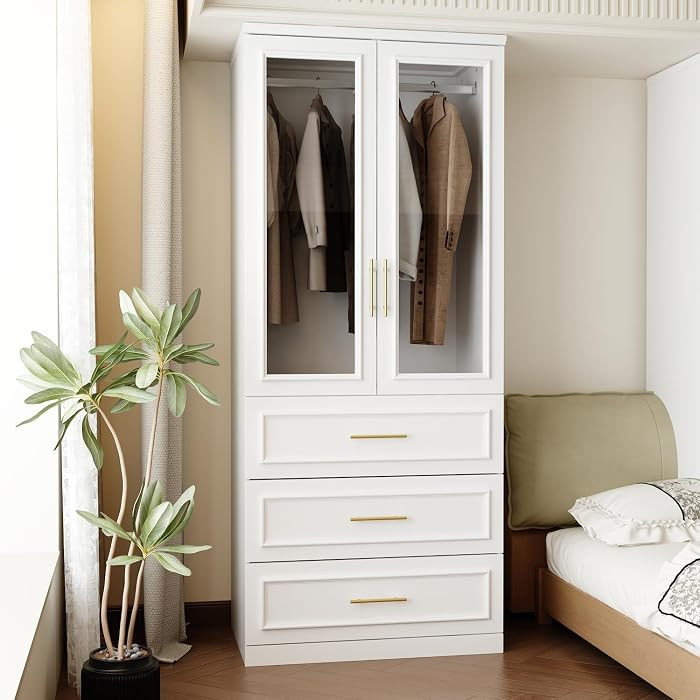 FUFU&GAGA Wardrobe Closet with Glass Doors, 3 Drawers, Modern White Bedroom Armoire with Gold Han... | Amazon (US)