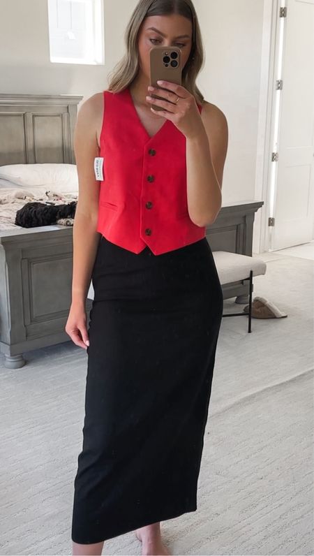 Red linen vest, black linen maxi skirt - wearing a small regular in both

#LTKfindsunder50 #LTKworkwear