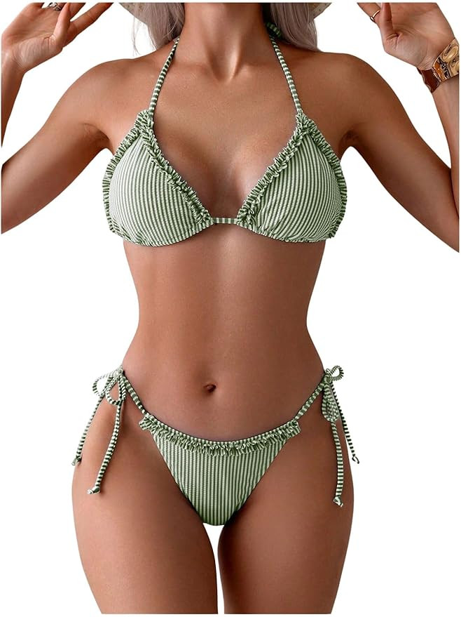 Verdusa Women's 2 Piece Striped Halter String Cute Bikini Sets Swim Suits Cheeky Triangle Bathing... | Amazon (US)