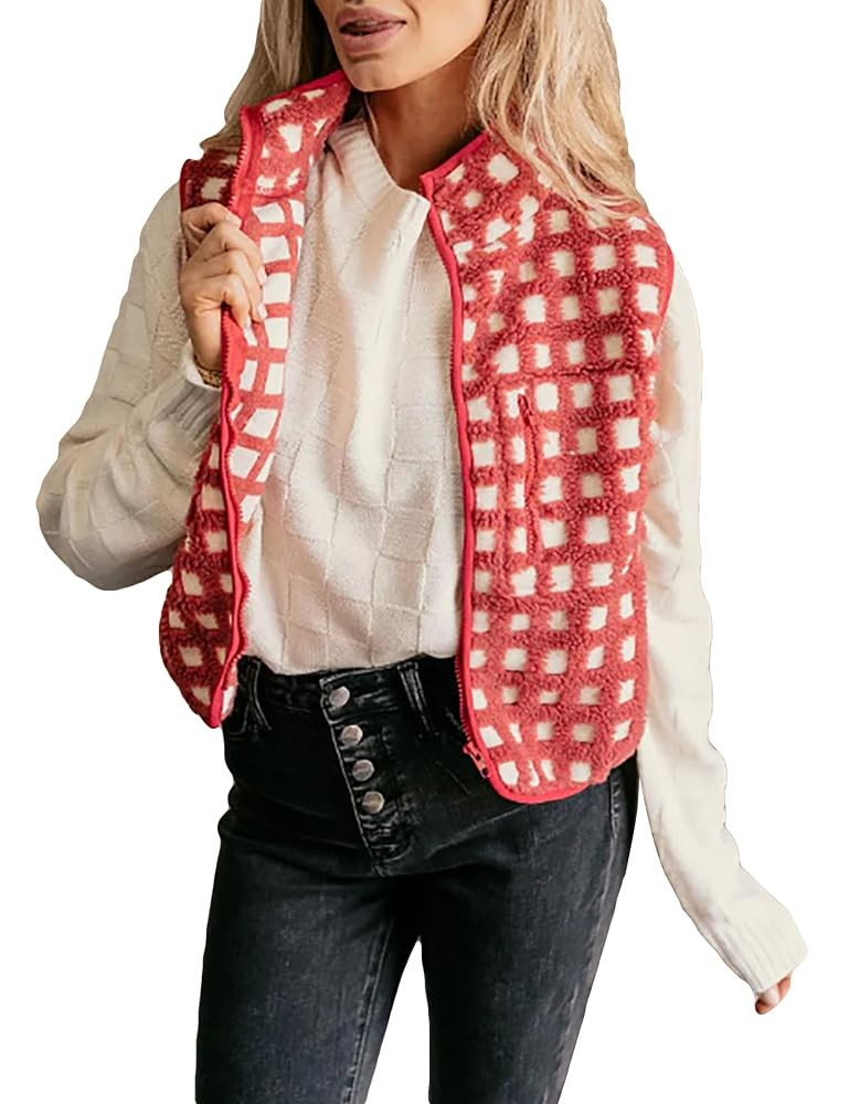 Womens Sleeveless Checkered Sherpa Vest with Pocket Zip Up Fleece Crochet Collar for Style Comfor... | Amazon (US)