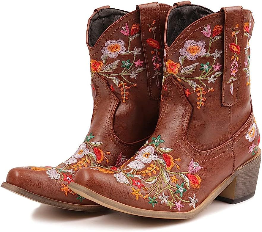 heelchic Women Vintage Flower Embroidered Cowgirl Boots Retro Short Western Ankle Boots… | Amazon (US)