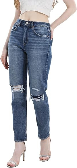 OFLUCK Women Stretch Ripped High Waisted Jeans Frayed Raw Hem Distressed Denim Pants with Hole | Amazon (US)