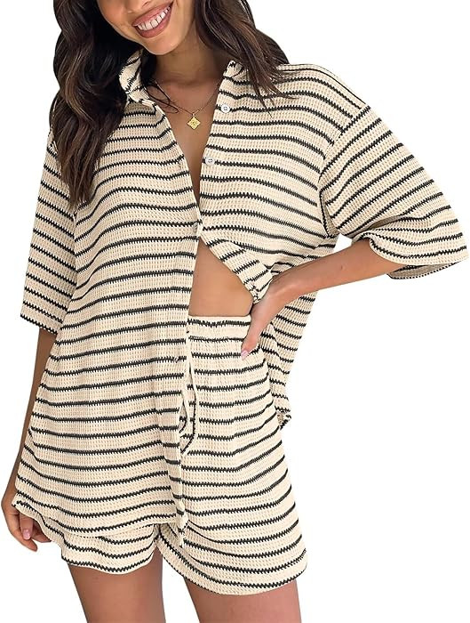 Women Knit 2 Piece Outfit Casual Striped Button Down Shirt Daily Shorts Set | Amazon (US)