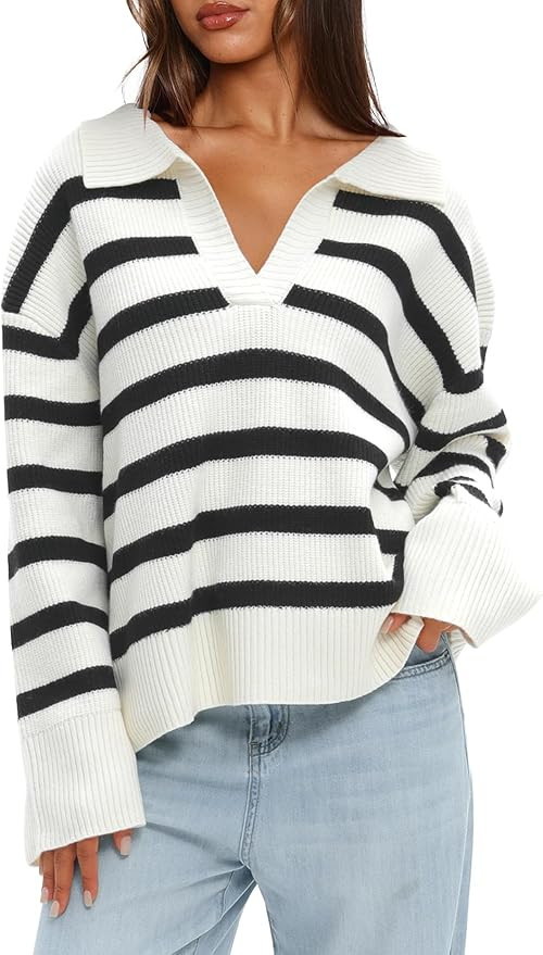 Darong Womens Oversized Sweaters Fall 2024 Fashion Clothes Polo V Neck Striped Knitted Pullover T... | Amazon (US)