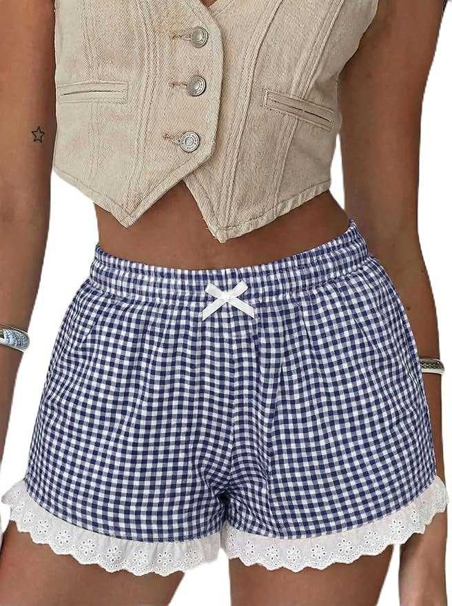 Aoulaydo Boxer Shorts for Women Pajama Gingham Shorts Casual Lounge Sleep Plaid Y2K Beach Bottoms... | Amazon (US)