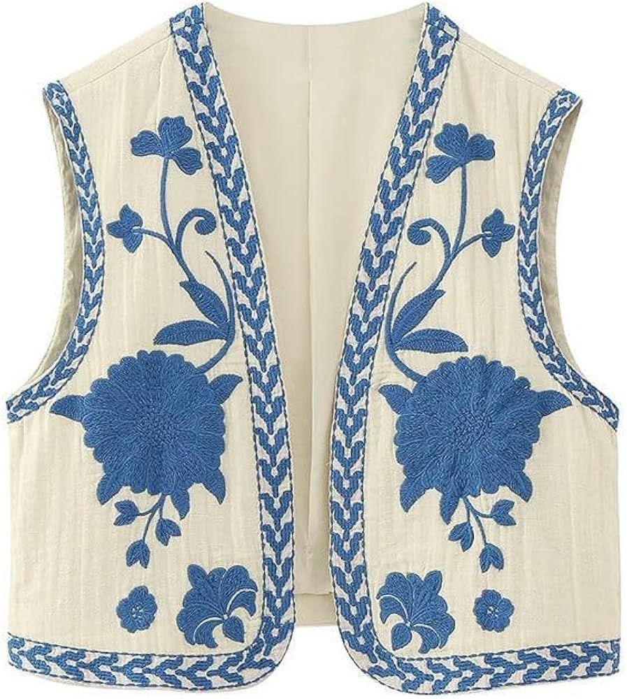 Women'S Floral Embroidered Vest Boho Vintage Linen Vest Y2k Sleeveless 2024 Summer Waistcoat Top | Amazon (US)