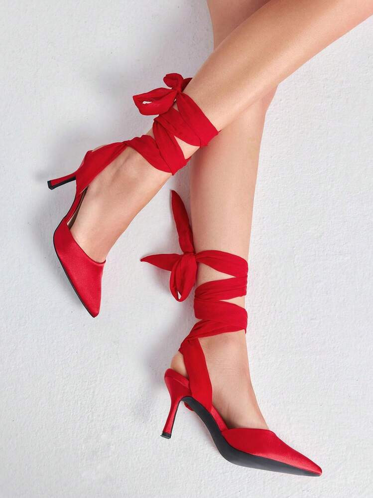 Women's Petite-Friendly Lace Up Satin Heels Pointed Toe Bow Closed Toe Low Heel Bridal Wedding Party Elegant Pumps Shoes Christmas Gift & New Year Gift | SHEIN