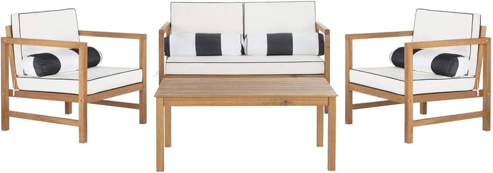 SAFAVIEH Outdoor Collection Montez Natural/ White Cushions/ Striped Bolster Pillows 4-Piece Conve... | Amazon (US)